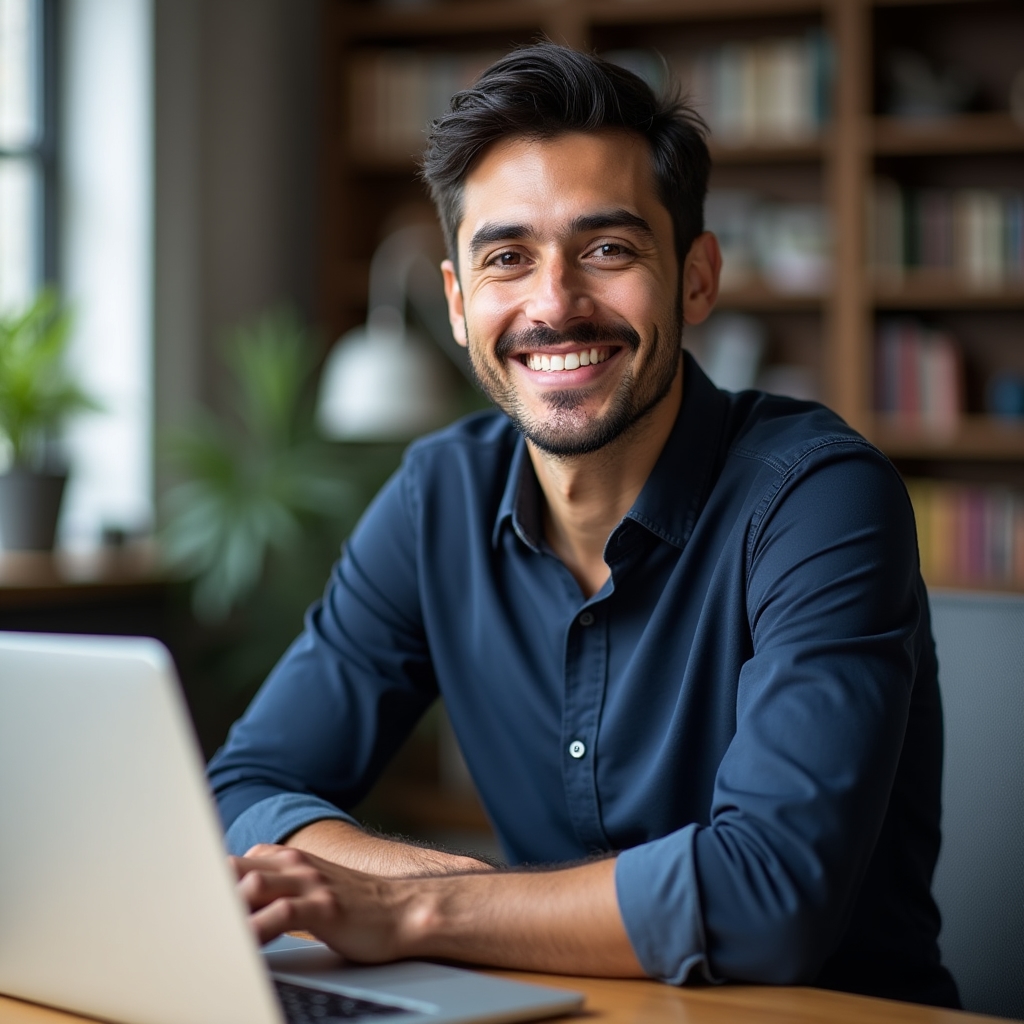 Marco, consulente digitale di Zephorina, sorridente in un ufficio moderno con laptop aperto