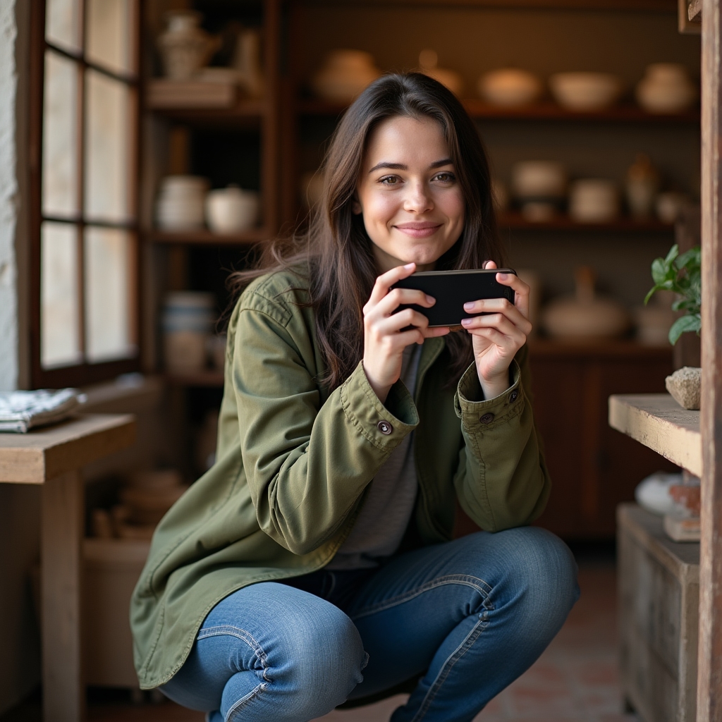 Lucia, fotografa e formatrice di Zephorina, che mostra la tecnica di fotografia con smartphone all'interno di un negozio