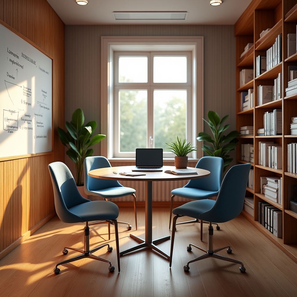 Interno di un ufficio di consulenza accogliente con tavolo di lavoro, laptop e materiali formativi per negozi locali